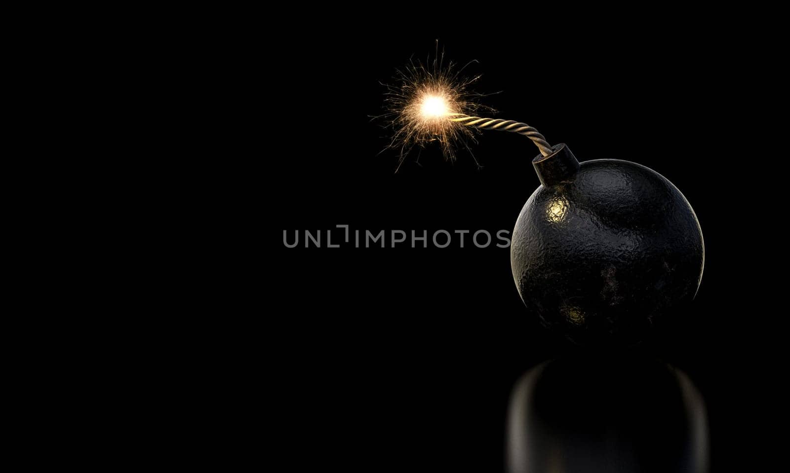Lit fuse  burning  vintage bomb  reflective black background copyspace