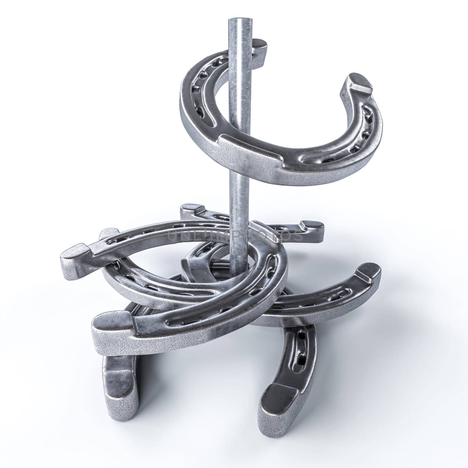 Stack  metal horseshoes  metal rod  white background luck game 3d