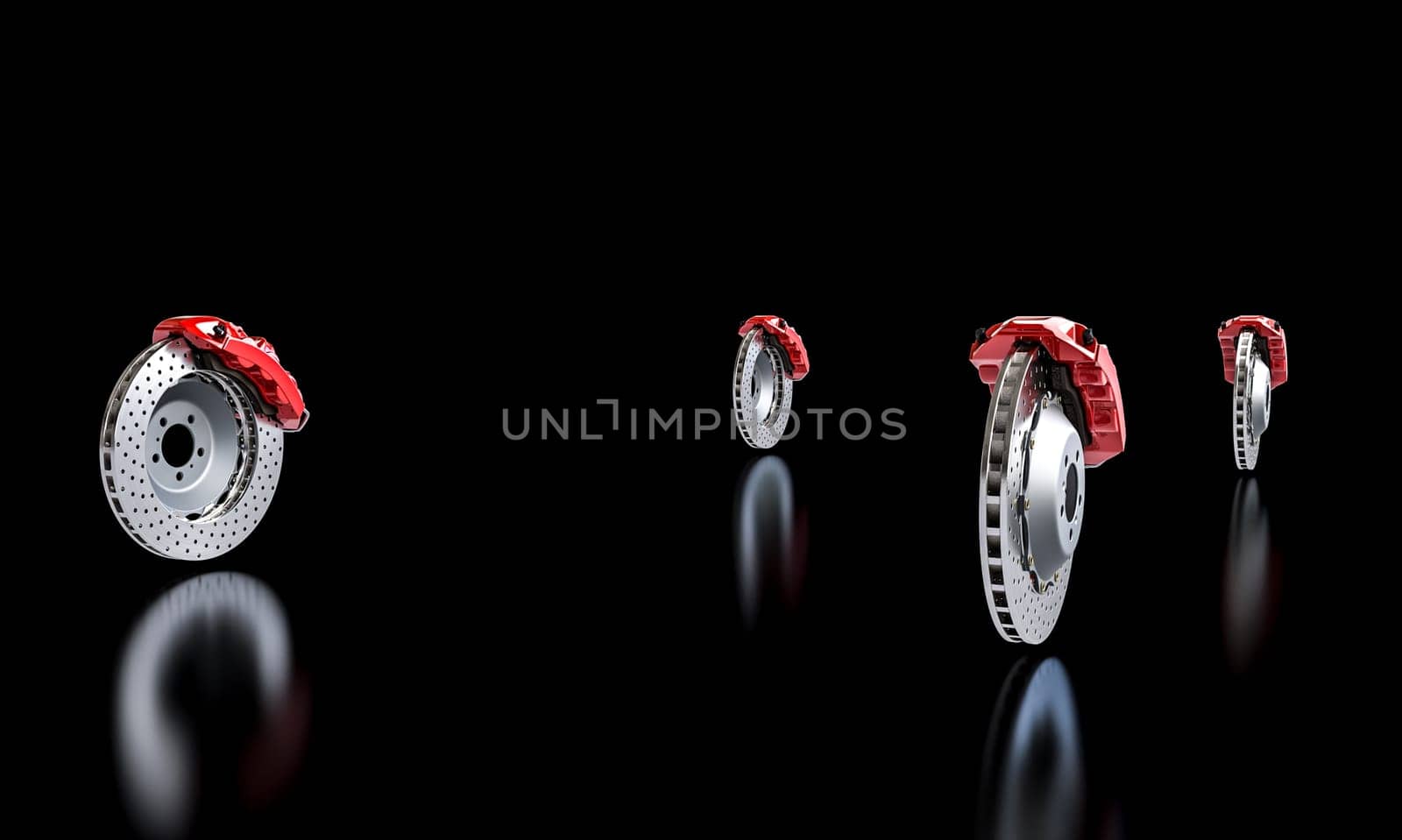 3d rendering  red brake caliper silver car disc brake  black background