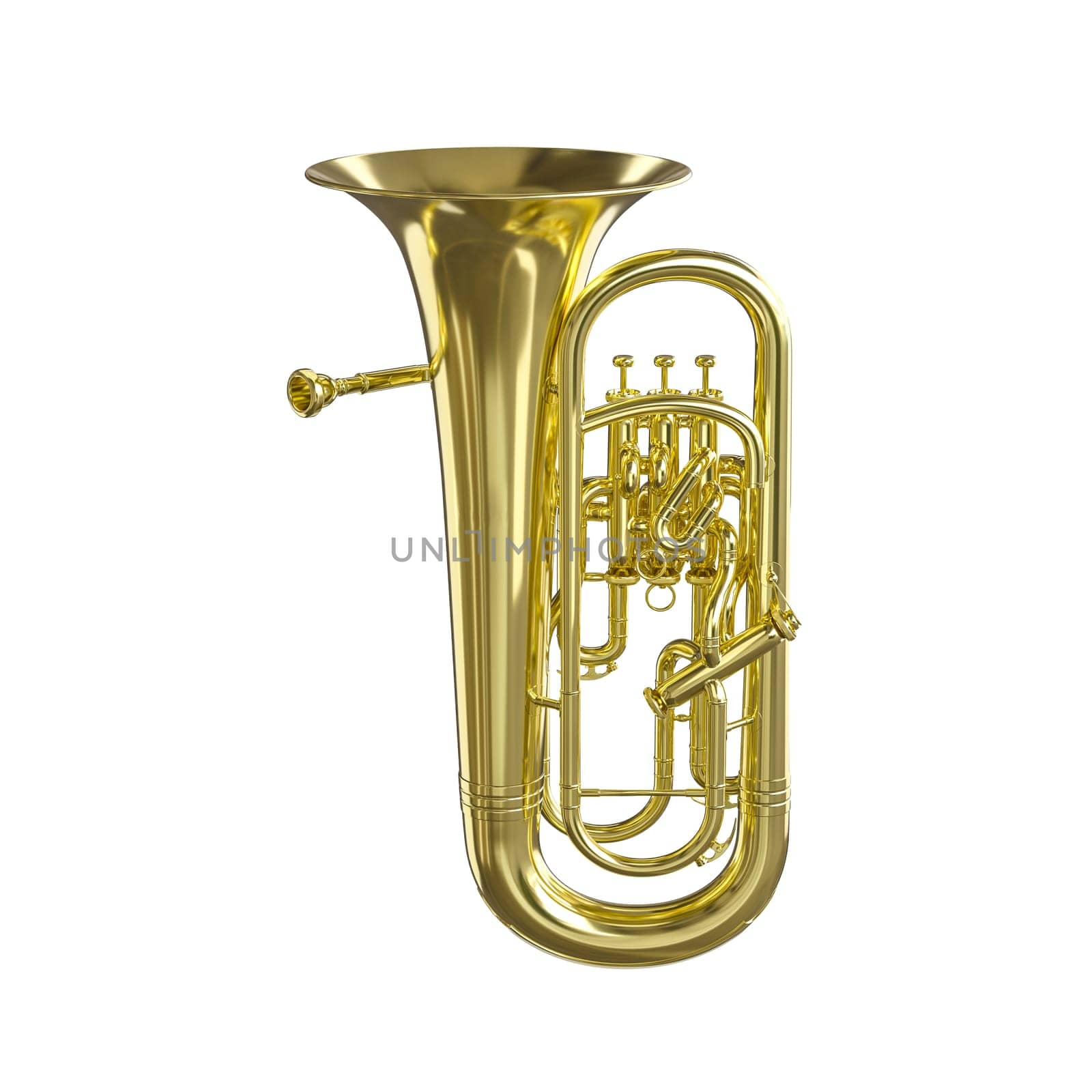 3d rendered golden tuba isolated white background, orchestra music