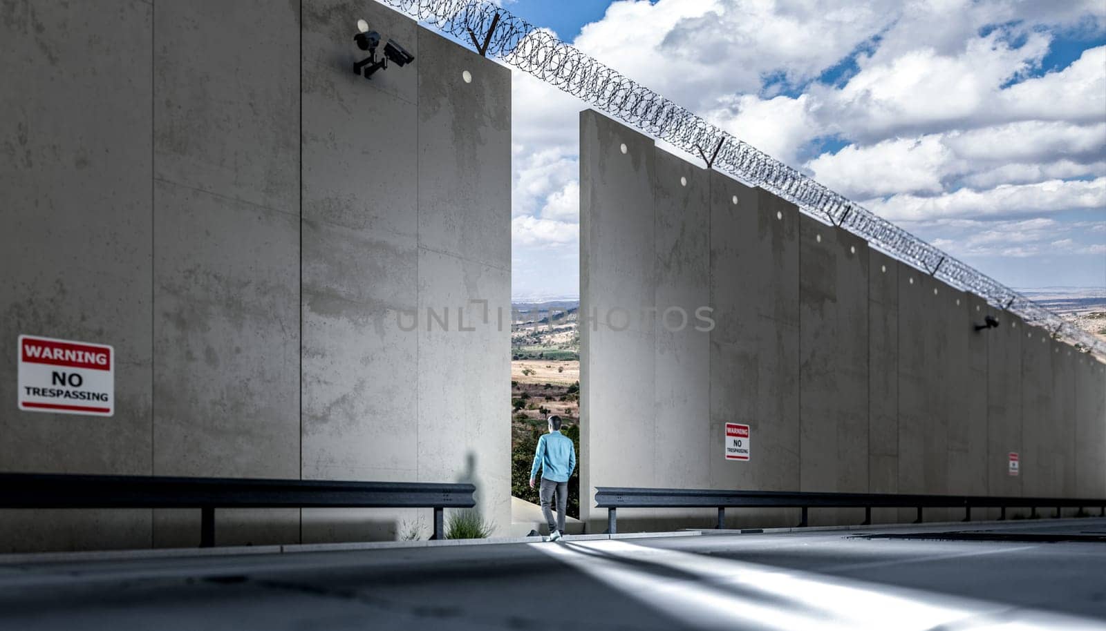 Man walking towards  opening heavily fortified wall  freedom  opportunity
