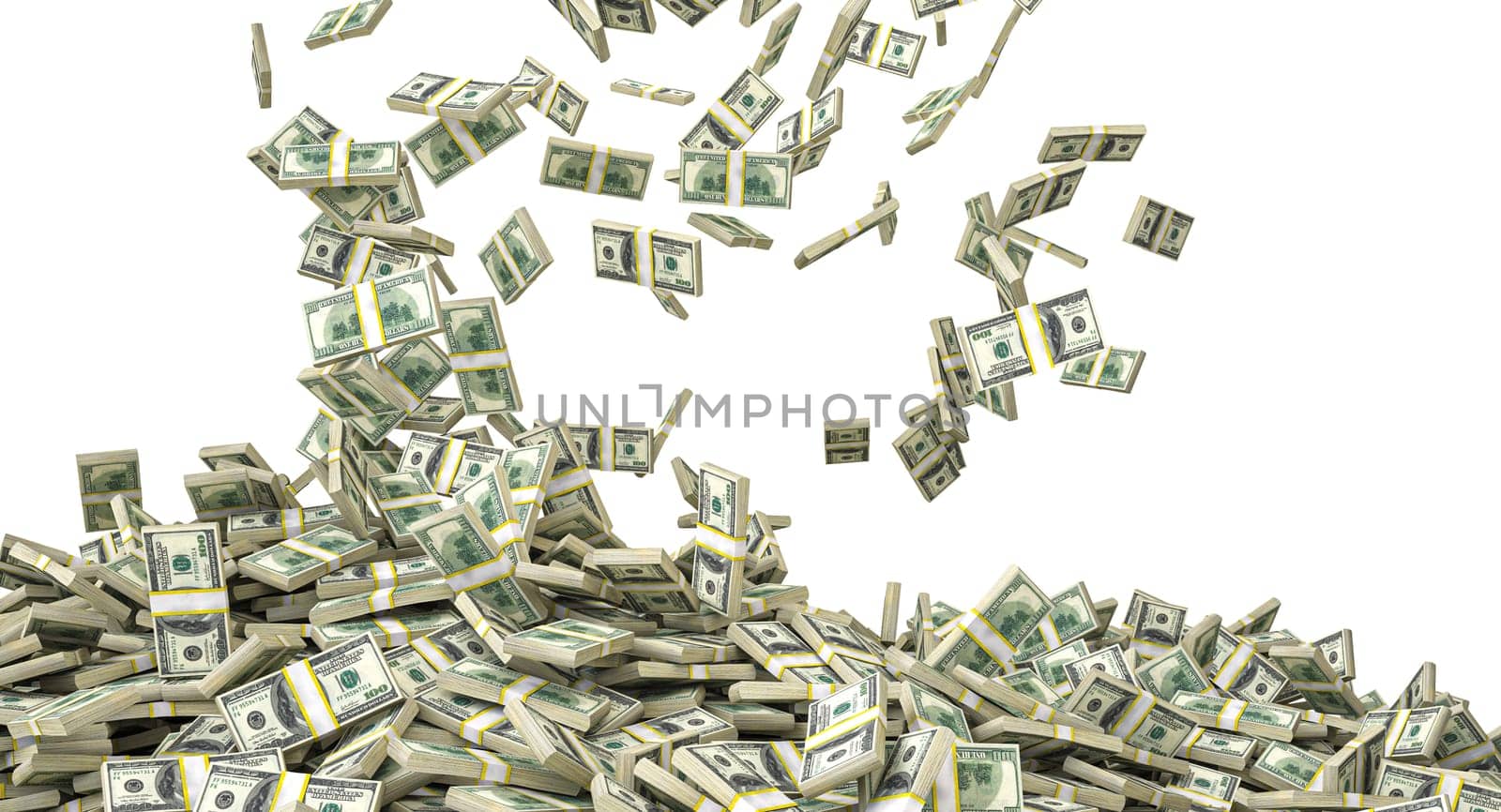 Stacks hundred us dollar bills piling up  cash money raining down