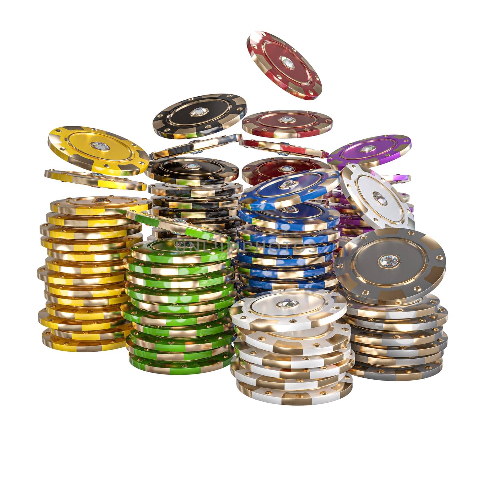 Stacks  poker chips  diamonds different colors isolated background