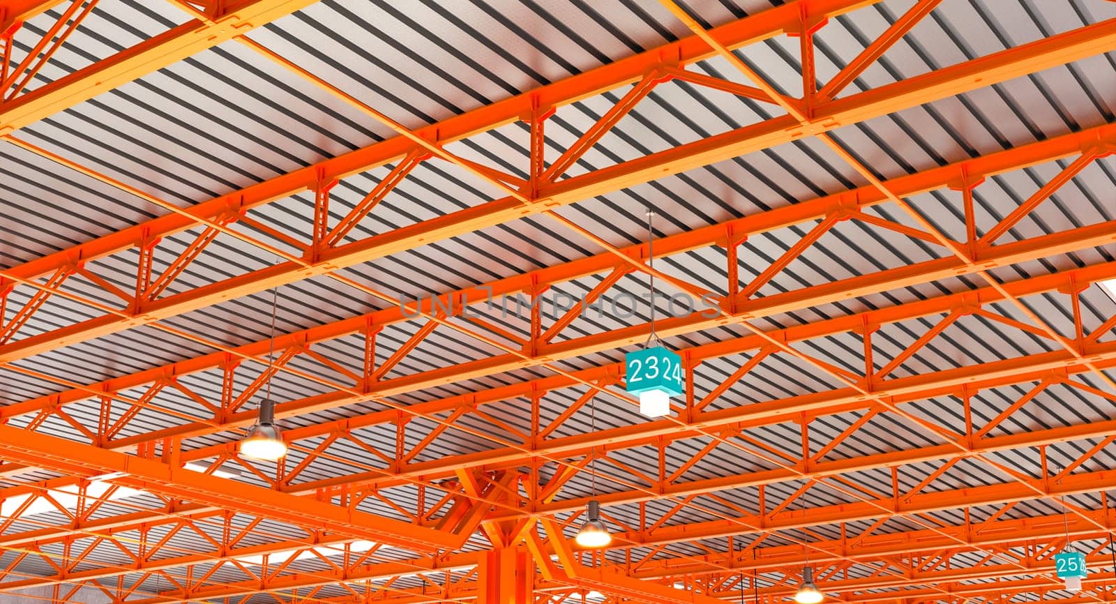Industrial steel structure  modern orange metal roof