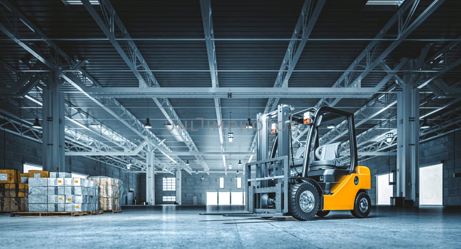 Forklift  large empty warehouse  pallets goods industrial  background