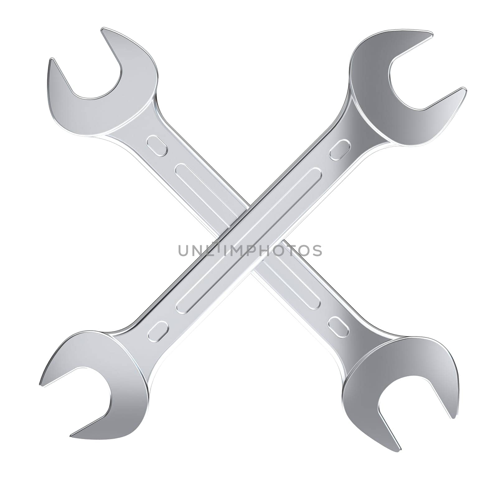 Two shiny metallic wrenches overlaid  x shape, isolated background