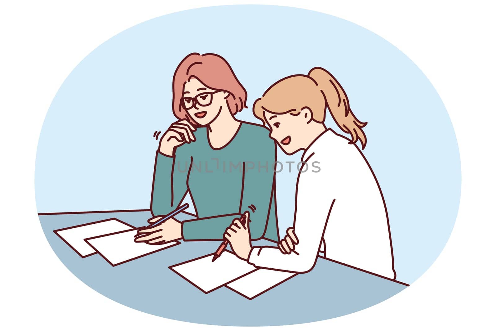 Women doing paperwork sitting at table in office of insurance company during conclusion of contract