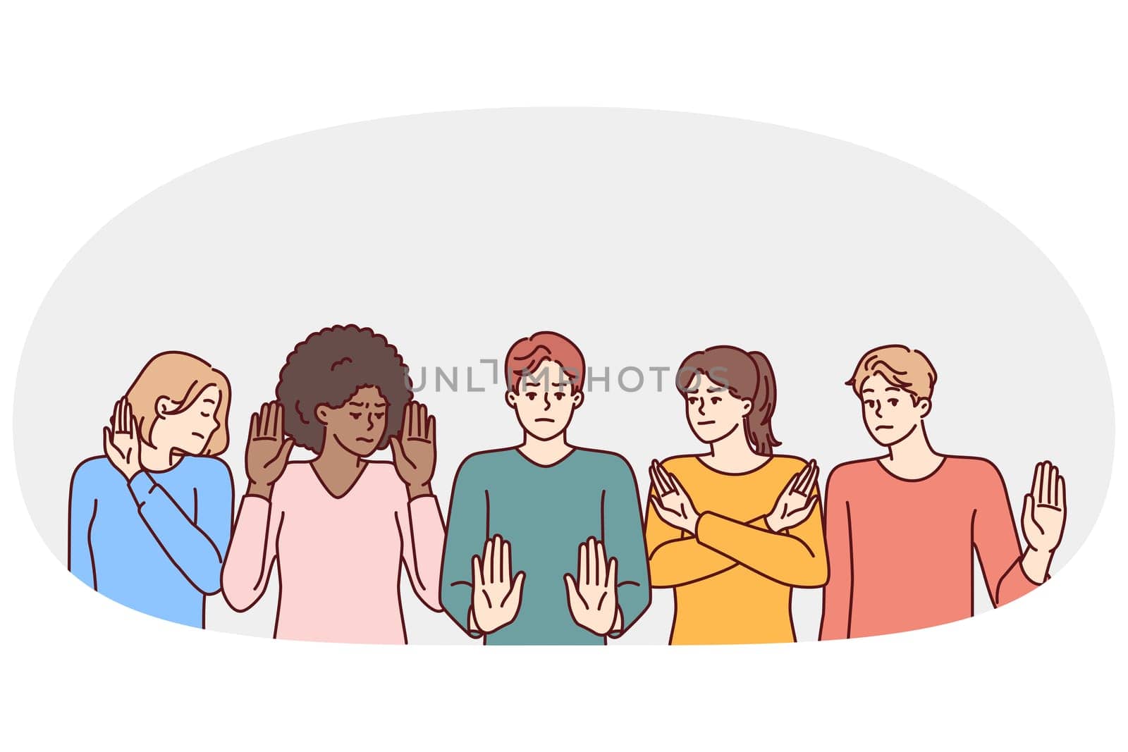 Group of multiethnic people show stop gestures not wanting to accept discrimination