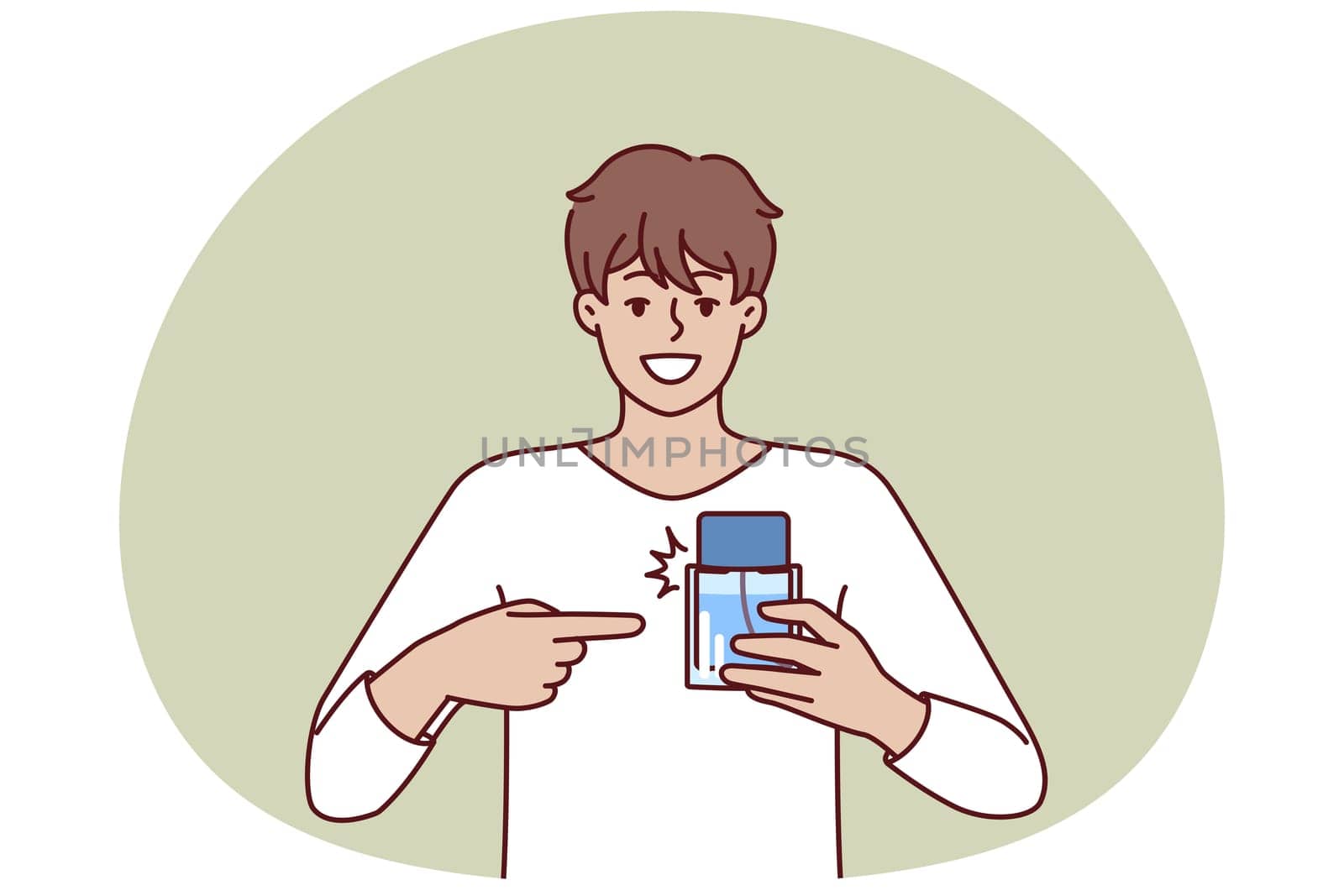Man pointing finger at perfume bottle recommending to buy cologne or antiperspirant with cool scent. Happy guy employee of perfume shop holding sample of deodorant that protects against bad smell