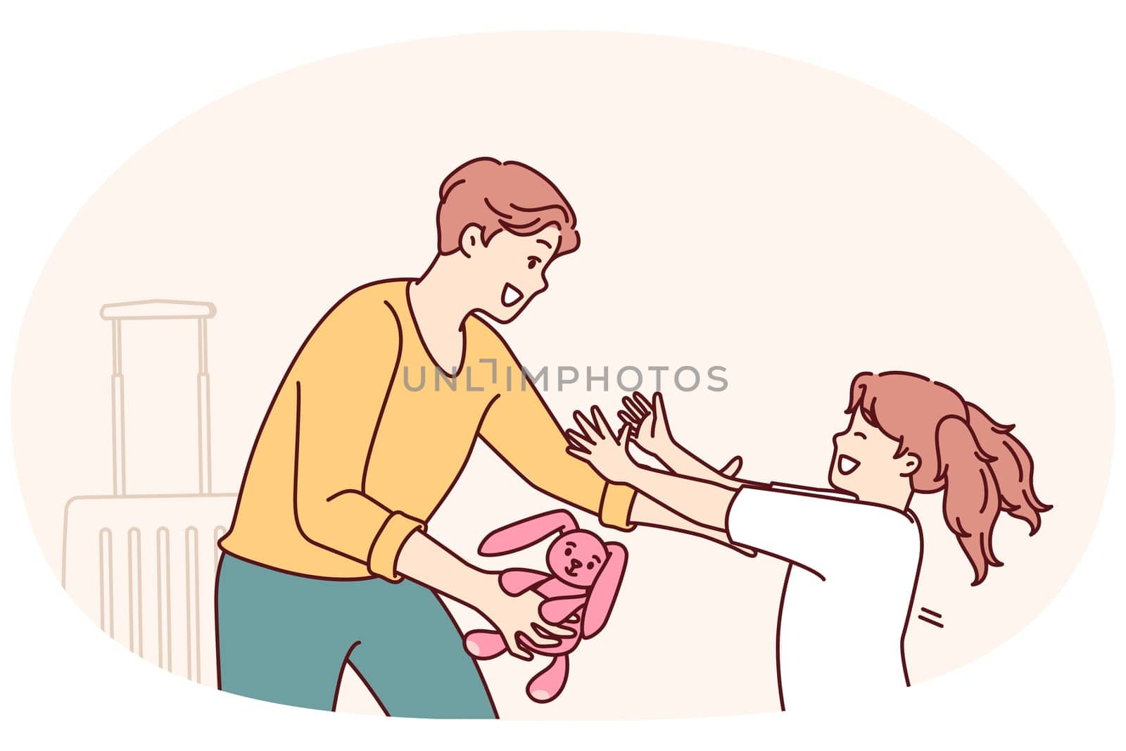 Little girl runs to father who returned from long business trip with gift and wants to hug daughter. Man with toy hare in hand stands near suitcase and rejoices when he sees daughter running towards