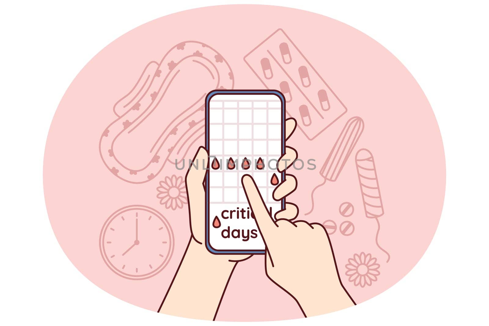 Menstruation cycle calendar in mobile phone in hands near pads and tampons or feminine hygiene products and pain pills. Planning menstruation or critical days using website for girls