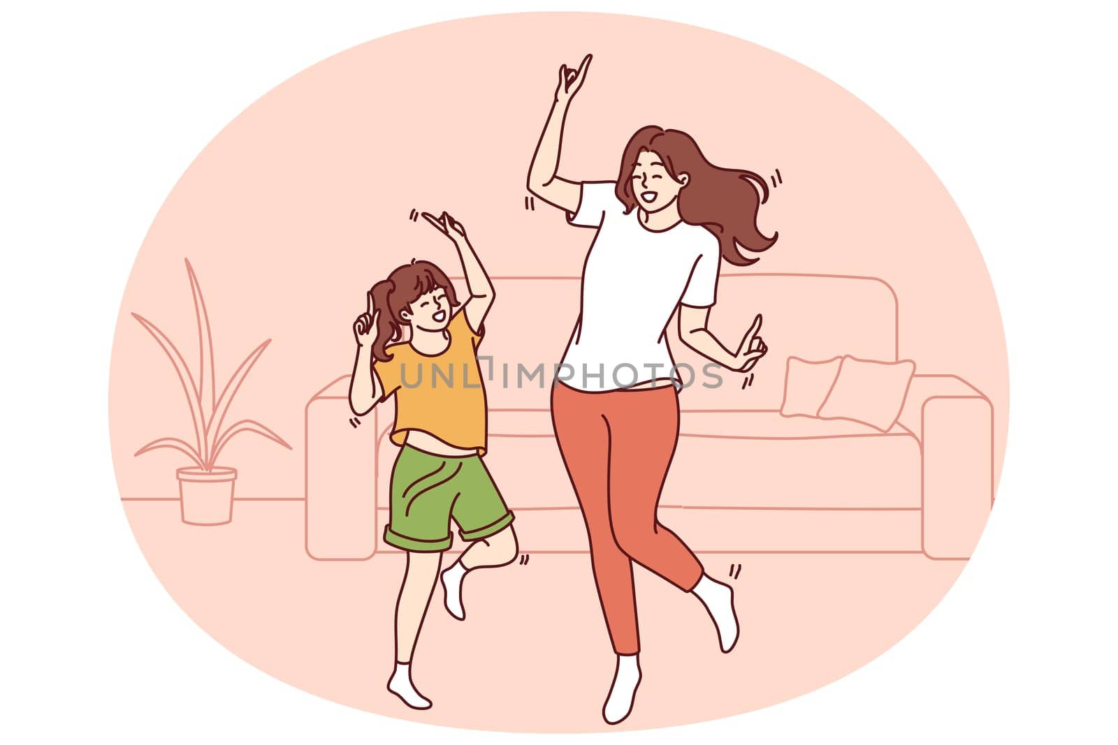 Active family of dancing young mother and daughter enjoying movement to music. Dance of teenage girl, elementary school student and mother or older sister dancing together spending free time