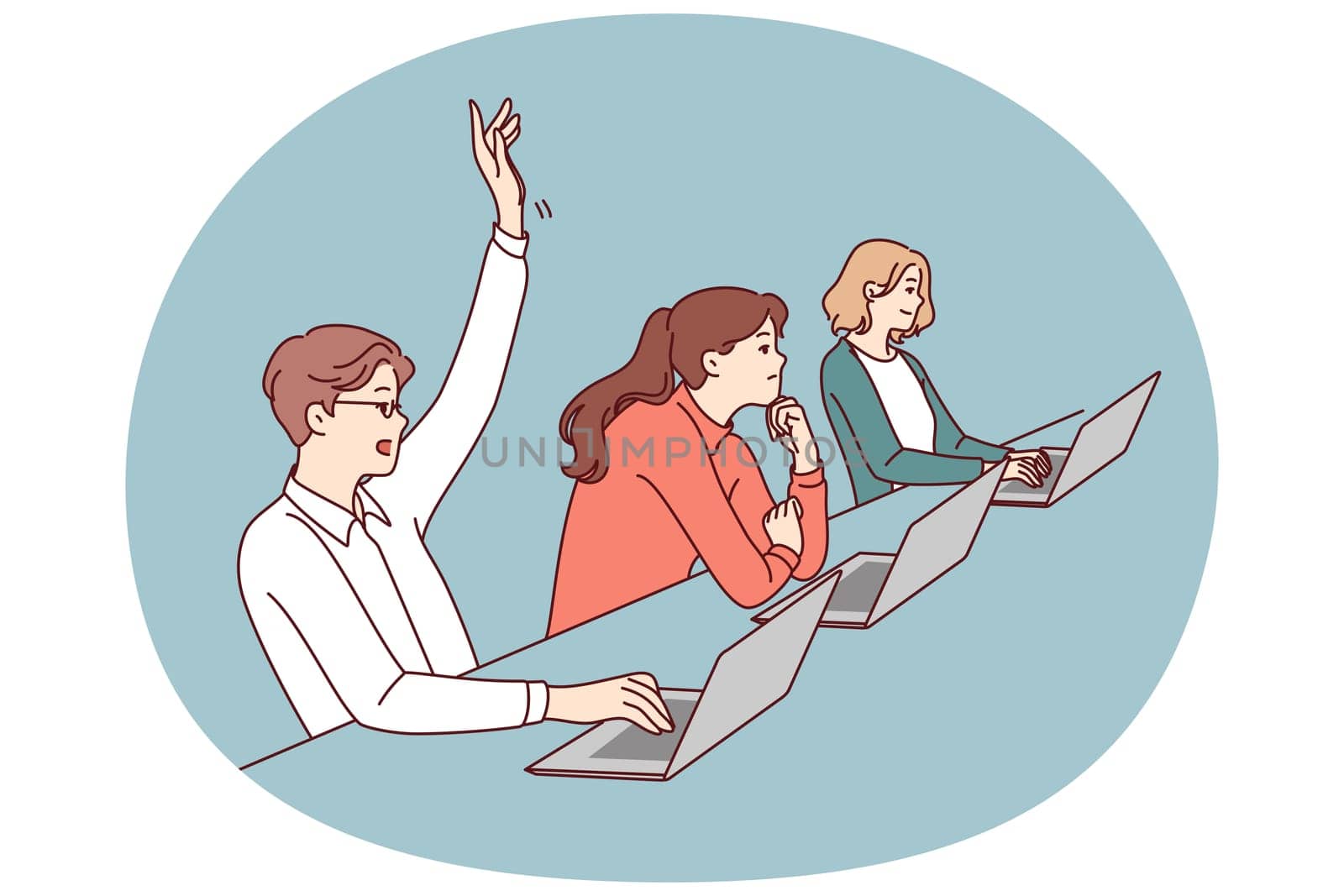 Man student sitting at desk with laptop raises hand to attract attention of teacher and ask question on topic of lecture. People listening to lecture in college or university auditorium