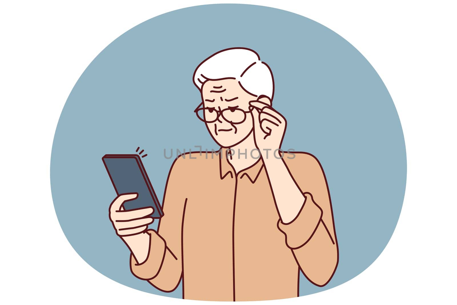 Elderly man with poor eyesight squint looking at screen of mobile phone to read SMS. Grandpa is having vision problems due to cataracts in eyes and needs help of ophthalmologist doctor