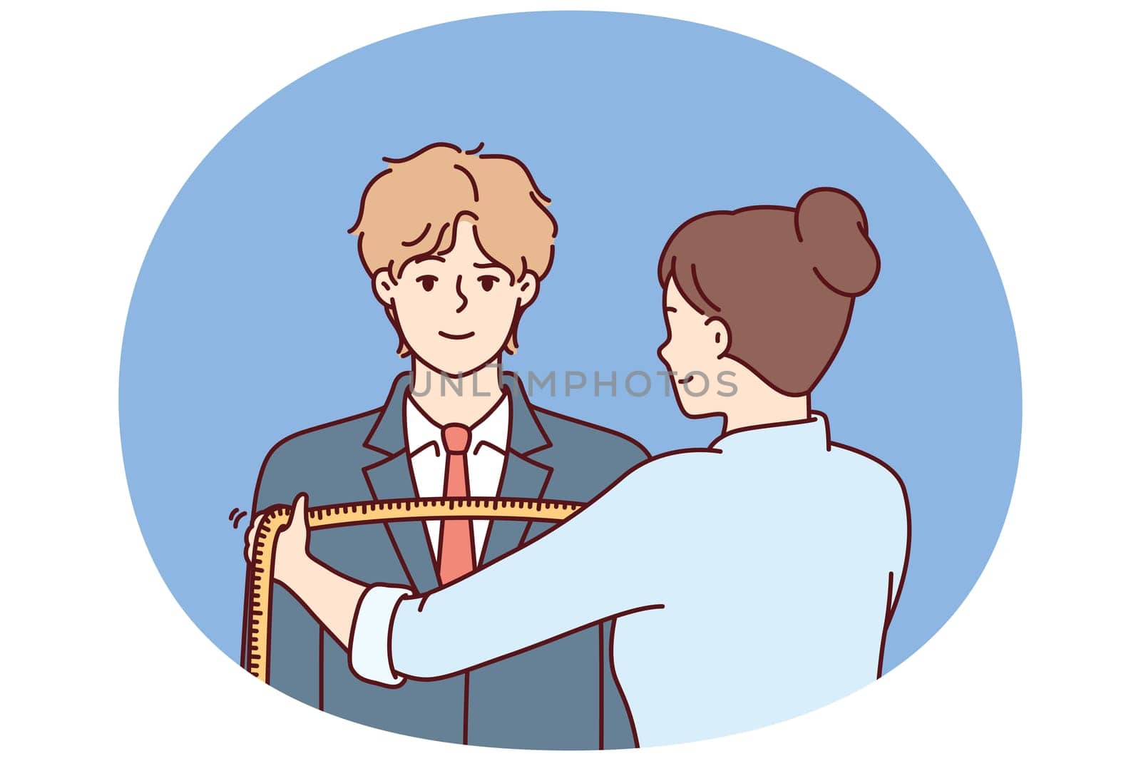Woman tailor measures shoulders of man in centimeters to make formal suit to individual measurements. Guy at reception at tailor making handmade clothes according to individual sketches