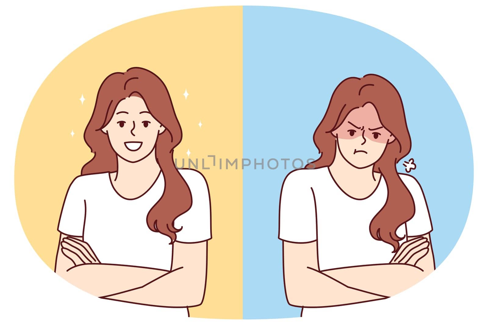 Two emotionally opposite women are sad or happy for concept of bipolar disorder affecting mood. Cheerful and unhappy girl before and after taking antidepressants or mood improving vitamin