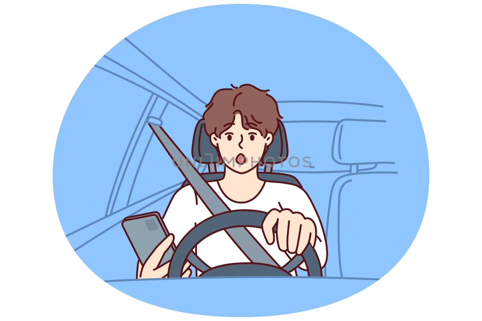 Distracted man driver with phone sits behind wheel of car and gets scared sees obstacle on road or sharp turn. Shocked driver not following traffic rules using smartphone while driving