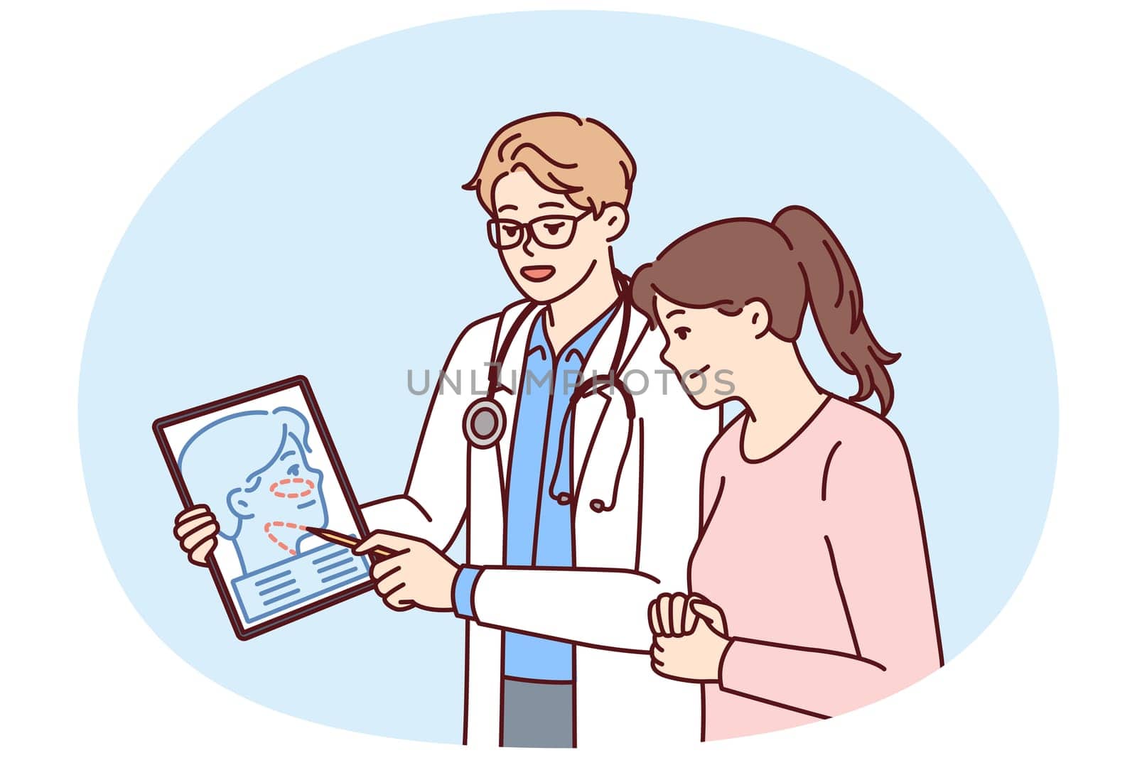 Man plastic surgeon consults woman patient demonstrating tablet with ways to tighten skin on face to get rid of wrinkles. Girl turned to plastic surgeon for help to do facial surgery
