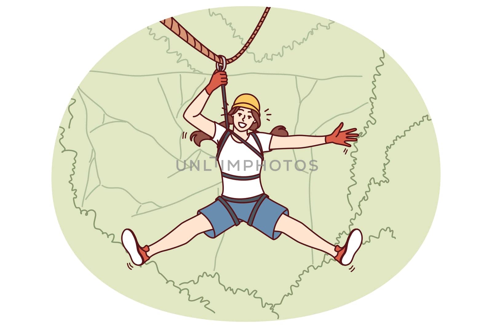 Woman tourist hangs on zip line over forest cliff enjoying extreme vacation in picturesque place. Tourist girl descends from mountain on rope getting adrenaline from adventures while traveling