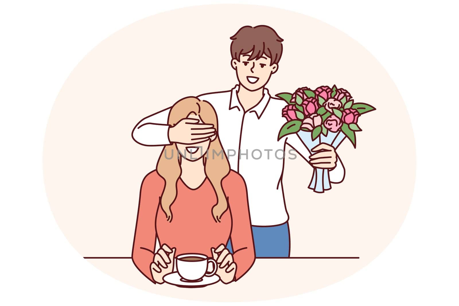 Romantic man with bouquet closes girlfriend eyes, wanting to make surprise and give favorite flowers. Romantic groom came on date with flowers for bride drinking coffee in cafe or bar