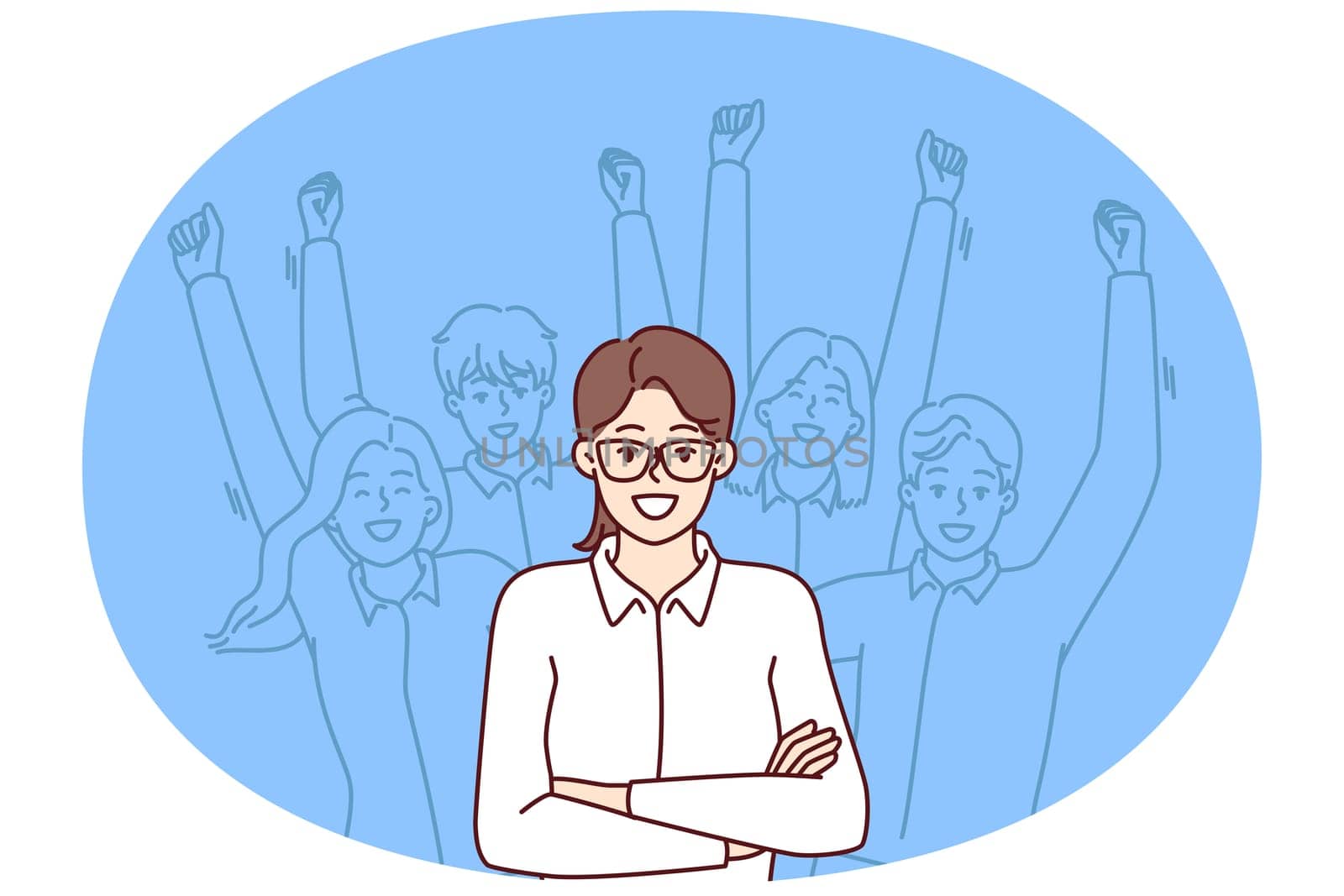 Woman leader standing with arms crossed near team located behind and making victorious wave of hands. Businesswoman leader or company manager posing for advertising banner of consulting corporation