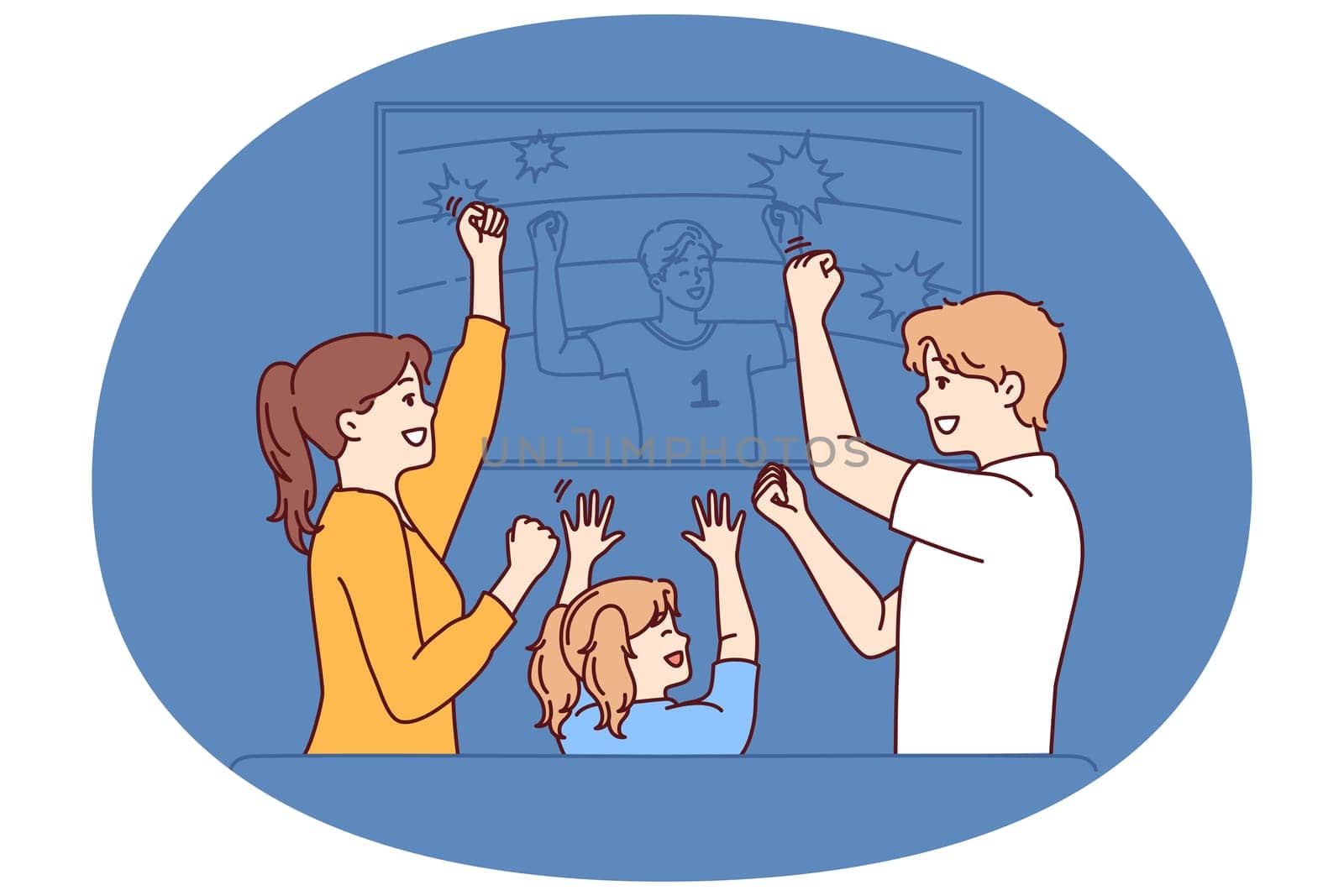 Family watches football ball on TV and celebrates victory after seeing goal scored by players of favorite sports team. Family of mom and dad with daughter watching football derby enjoying match