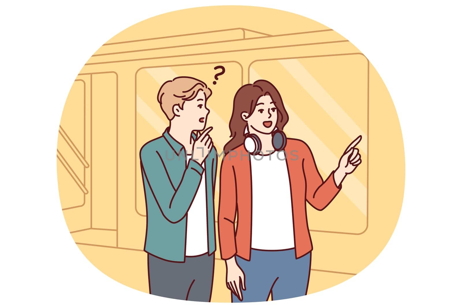 Man and woman are standing near subway or tamway car, choosing shortest path and discussing where to go next. Girl with headphones around neck helps tourist who has lost his way to choose path