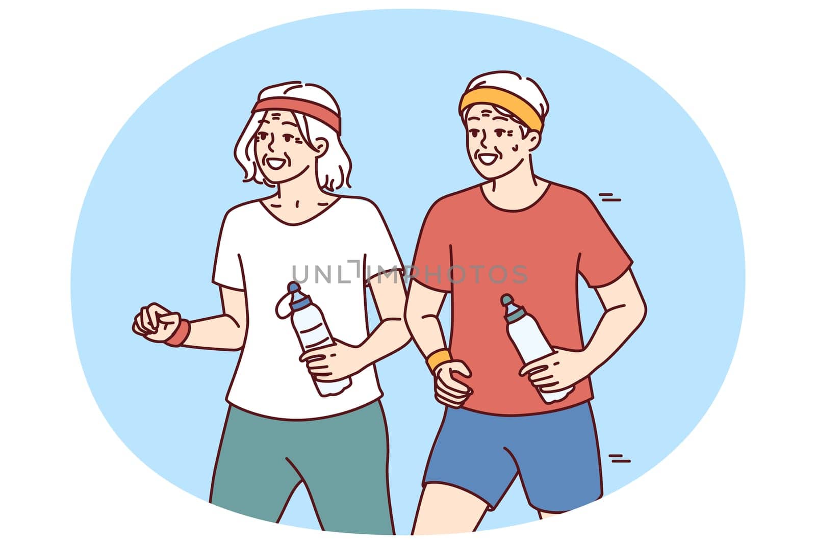 Elderly couple running and exercising outdoors having fun after retirement and enjoy active old age. Elderly men and women with water bottles do morning jog and lead healthy lifestyle