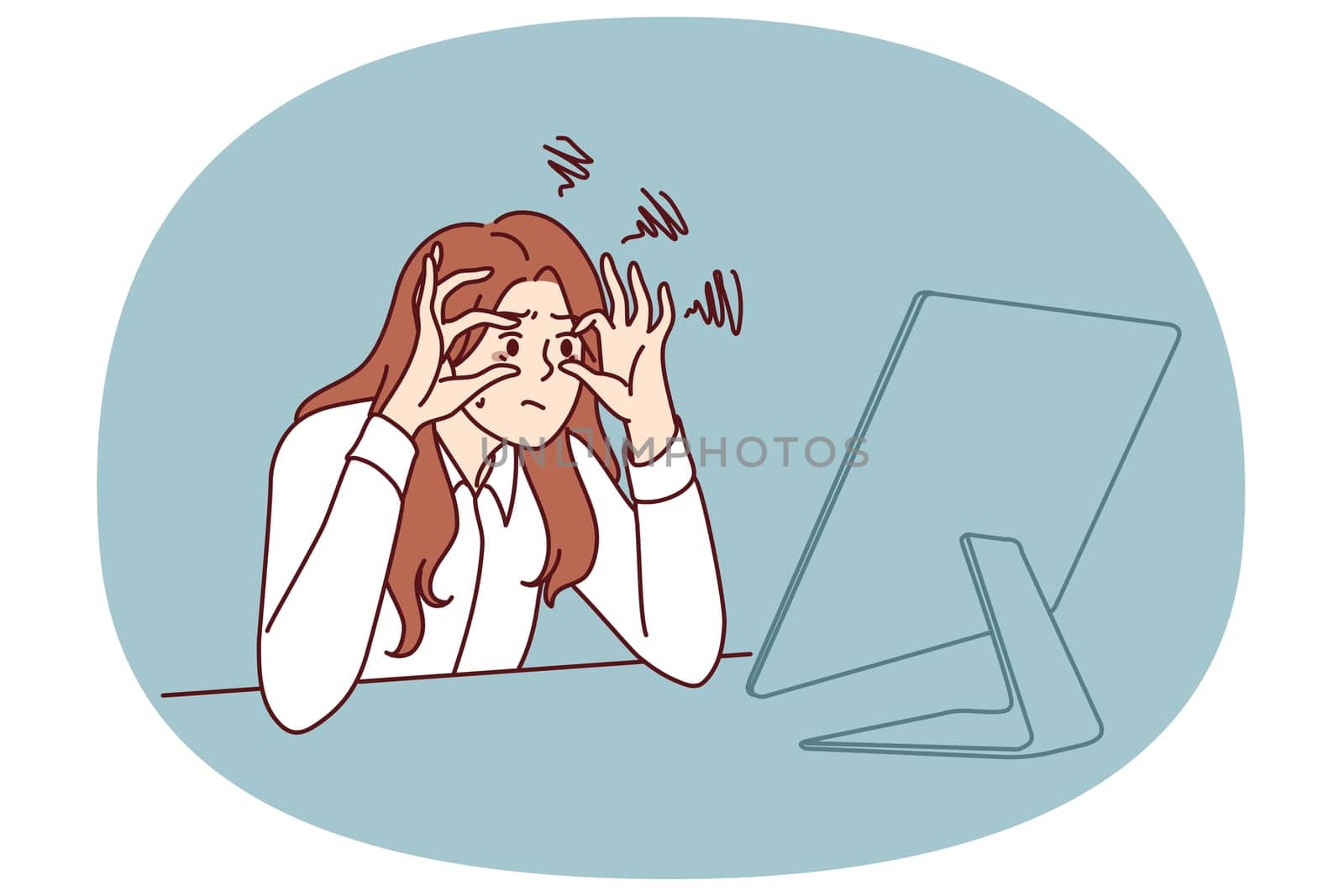 Sleepy businesswoman trying to stay awake sitting at workplace with monitor is feeling tired due to overwork. Businesswoman doing office work suffering from vision problems and strict deadlines