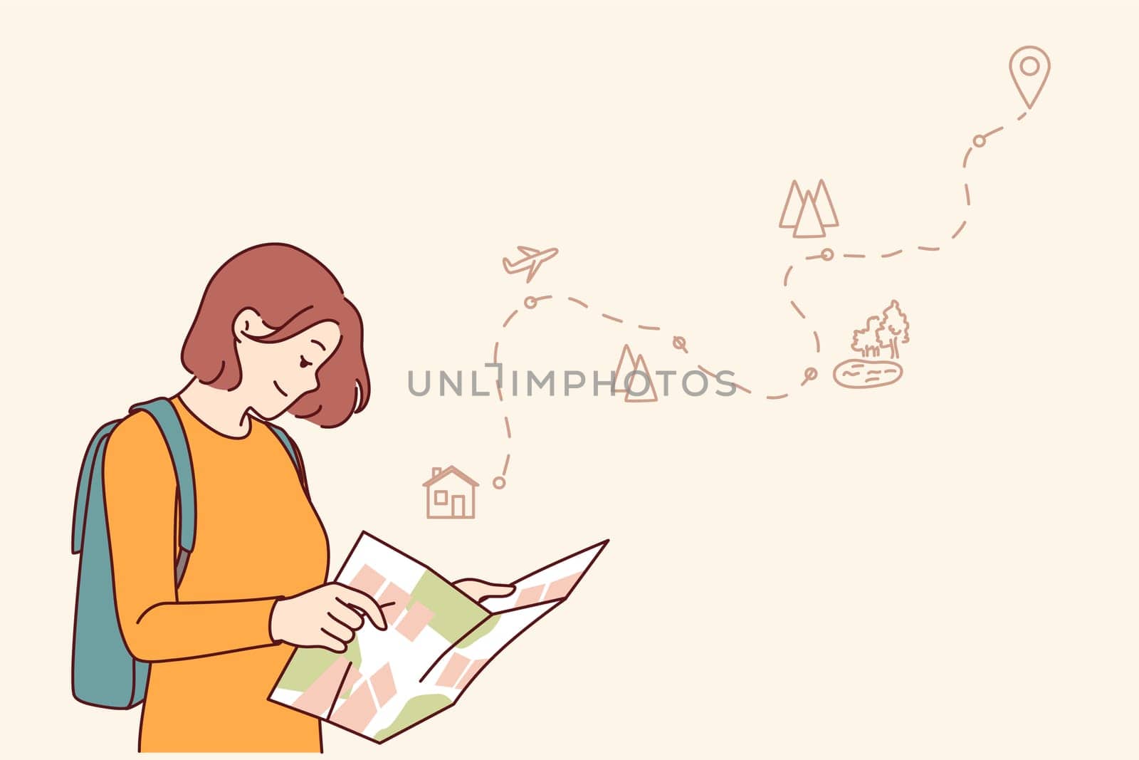 Woman tourist uses paper map to travel through nature reserves and plot route to destination. Smiling girl traveler plans tour route and chooses natural attractions worthy of visiting