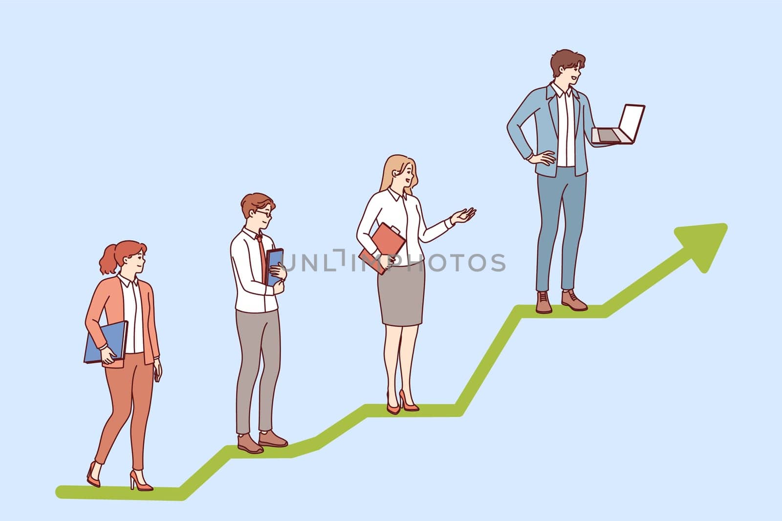 Business people stand on career progress line in form of graph, receiving promotions due to good work. Growth chart symbolizes progress through collaboration of colleagues to achieve common goal.