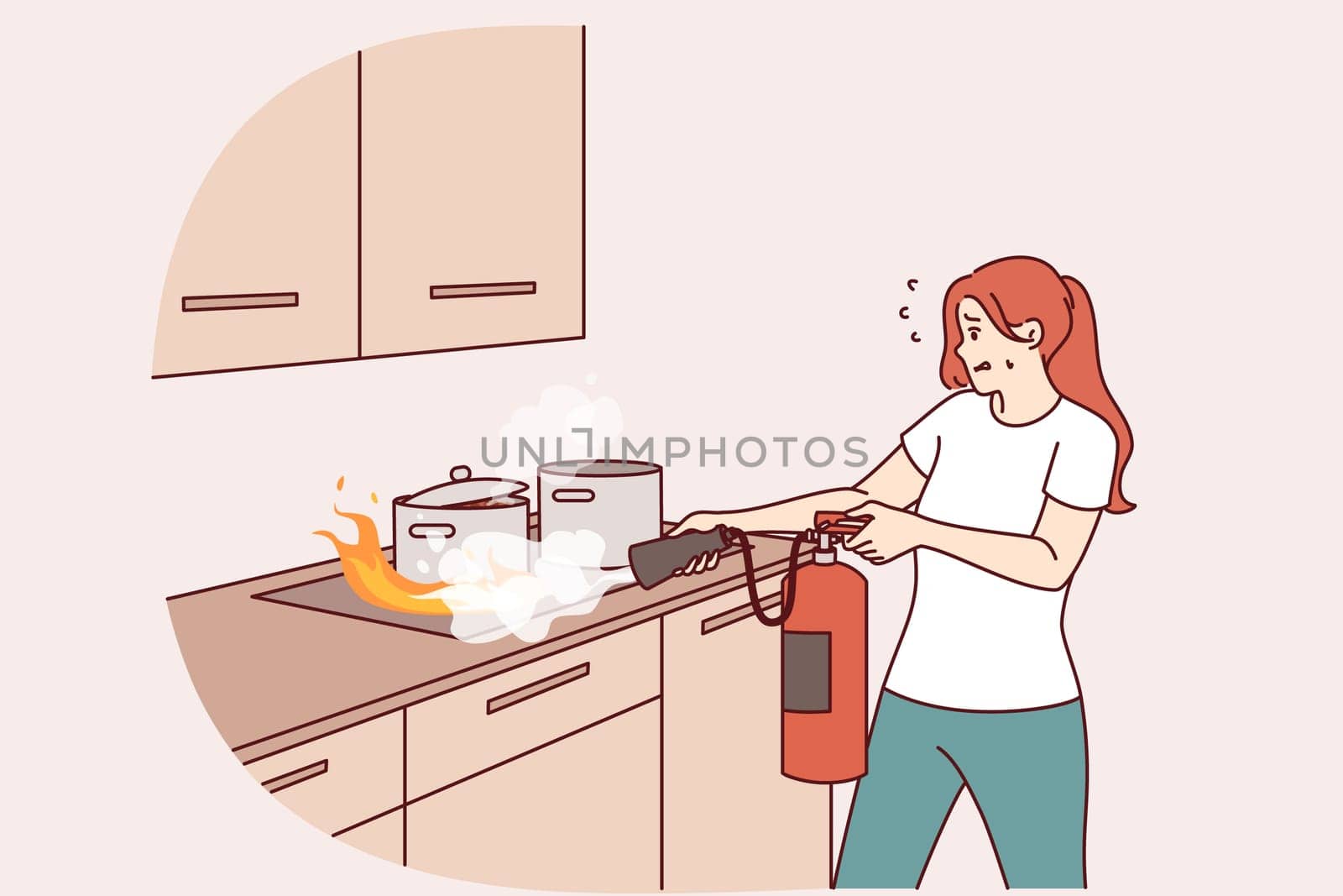 Woman puts out fire in kitchen with fire extinguisher, and panics for fear of combustion spreading. Flame engulfed cooker with pots due to violation safety regulations or careless handling of matches