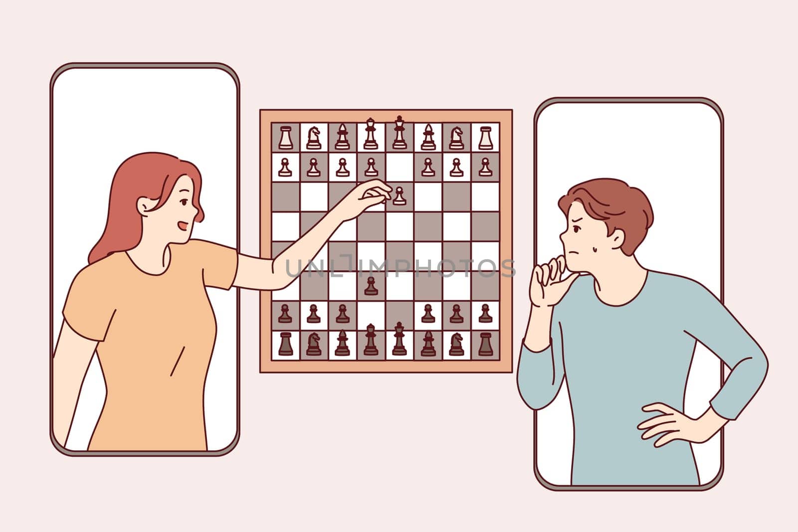 Chess game in mobile phone application between man and woman competing in intellectual game. Players play chess over internet, trying to checkmate opponent to prove mental superiority.