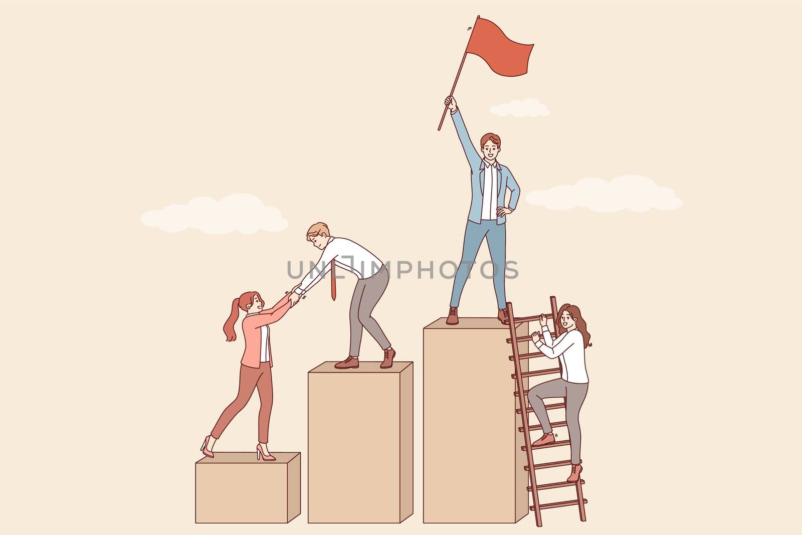 Team building for business people who rise to top of career ladder together and choose leader holding red flag. Team of white collar workers developing together to achieve superior results