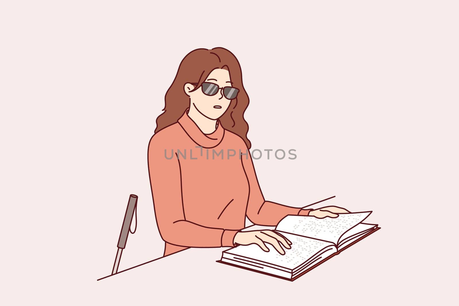 Blind woman reads braille book, using literature for people with disabilities to gain new knowledge. Blind girl in sunglasses touches pages of textbook to recognize three-dimensional letters.