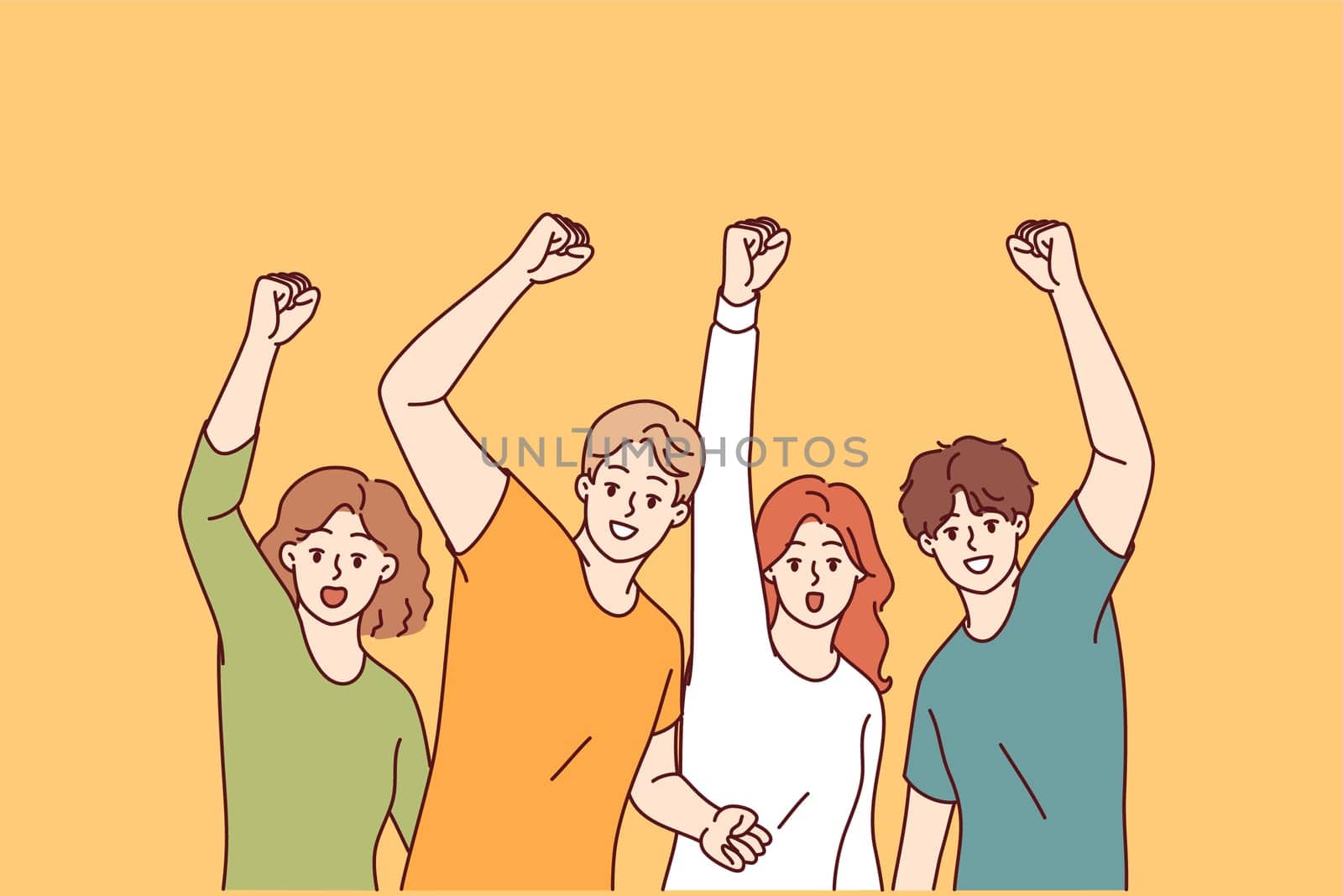 Community of joyful people celebrates victory by raising hands and shouting joyfully after achieving goals. Hurray, we won, say students rejoicing at victory in olympiad among universities