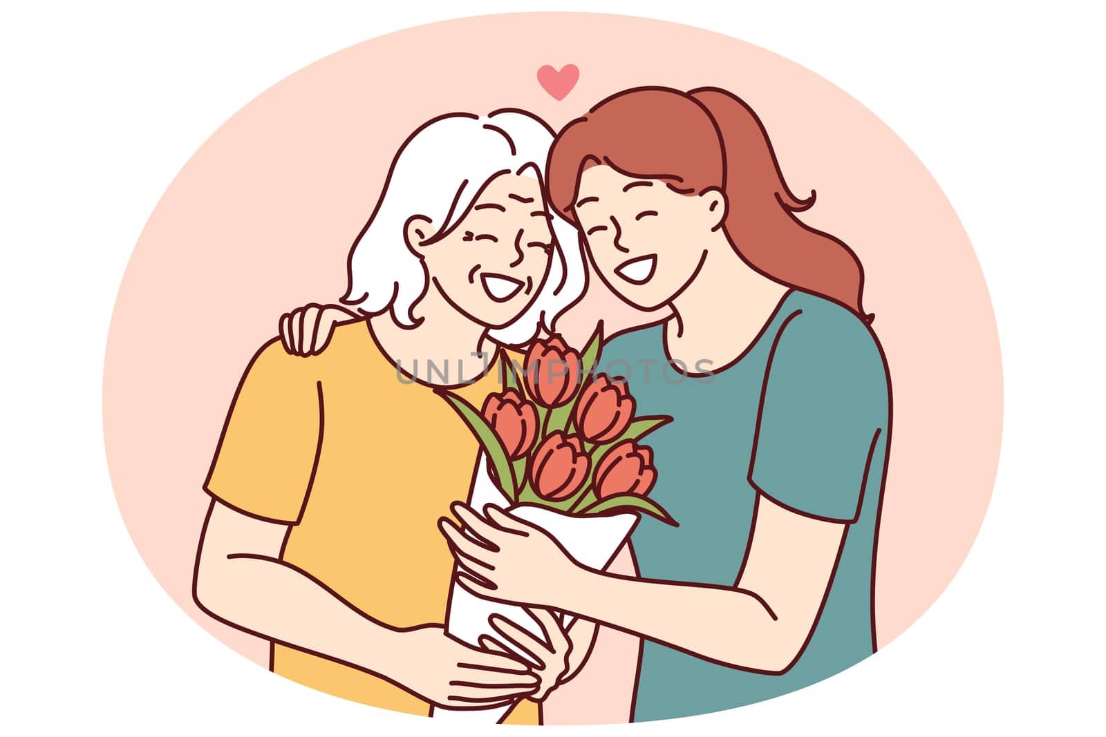 Woman hugs elderly mother and gives bouquet of flowers congratulating with birthday or mother day and thanks for good upbringing. Grown up daughter takes care of mother of retirement age