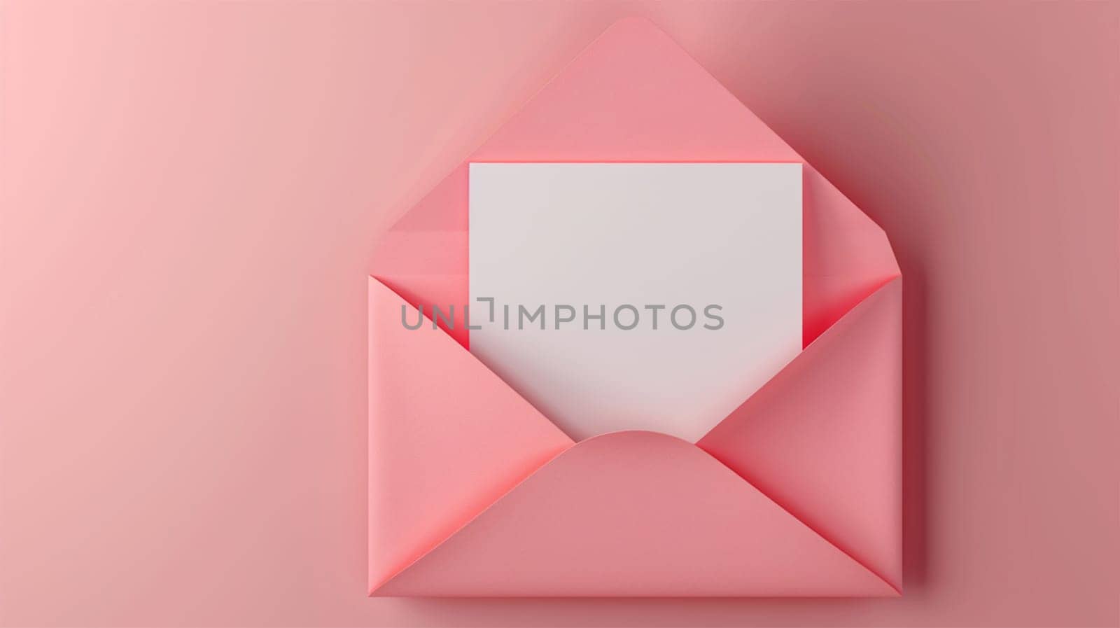 Open pink envelope with empty white sheet coming out on pink textured background. Top view. Pastel pink background romantic love design. Wedding copy space