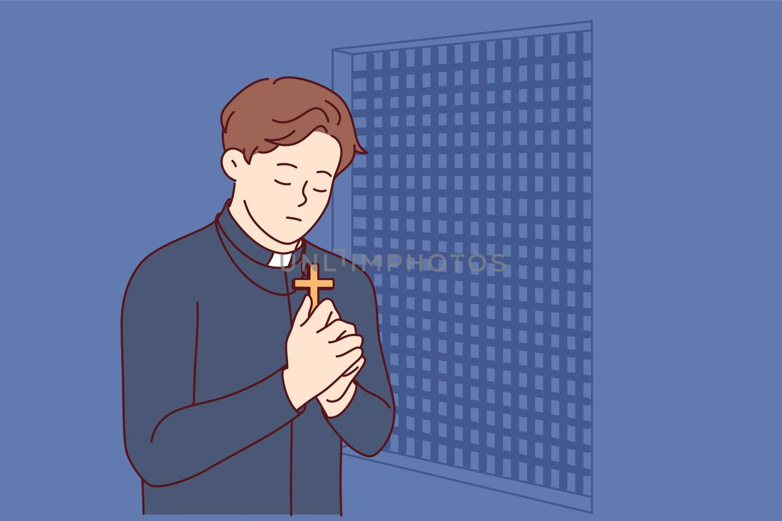 Padre prays and holds christian cross in hands, standing in confession room, asking god to atone for sins of temple visitors. Catholic priest observes ritual of confession and reads prayer