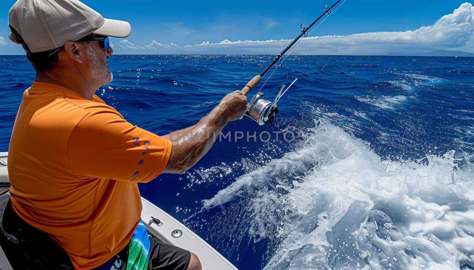 Fisher man on the sea. Fishing man with sport fish rod and reel line for recreation on summer ocean day. Recreational fishing fisherman outdoor leisure lifestyle.