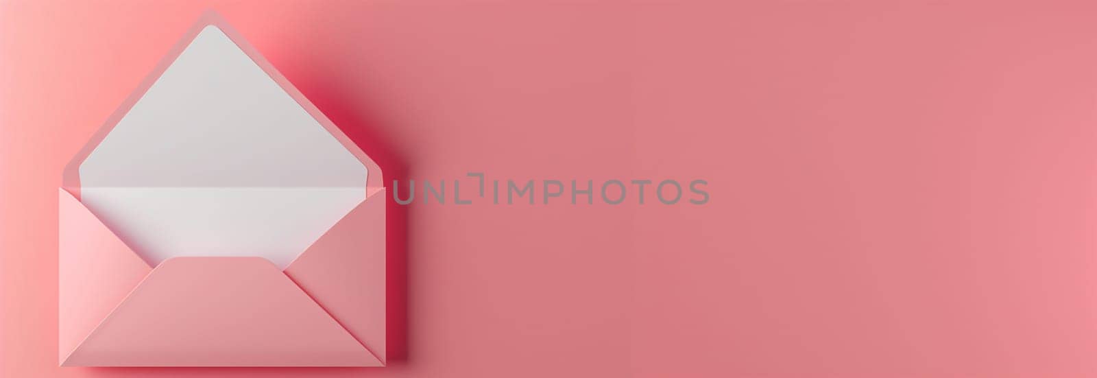 Open pink envelope with empty white sheet coming out on pink textured background. Top view. Pastel pink background romantic love design. Wedding copy space