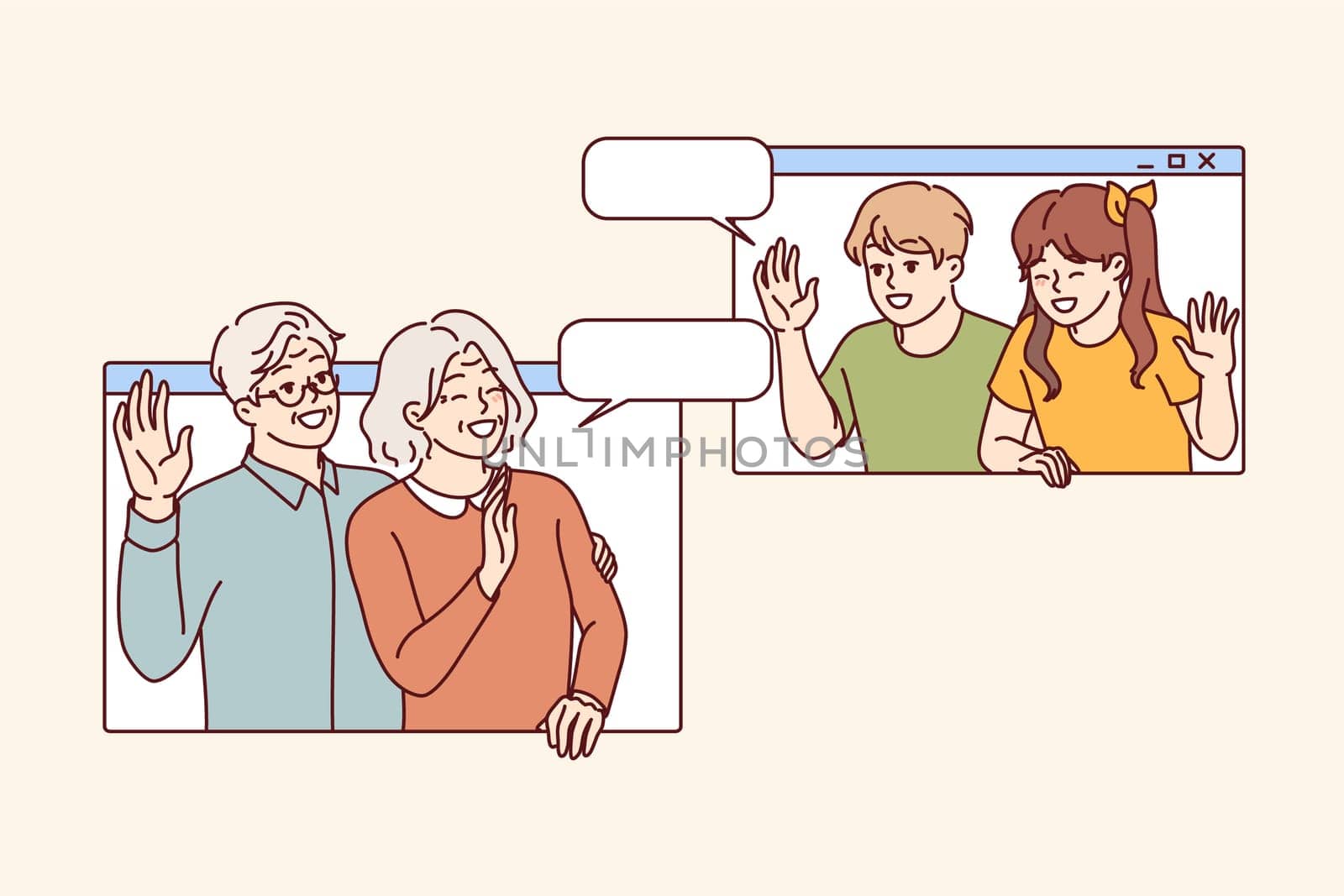 Online communication with grandchildren for grandparents waving and saying hi using digital video call. Smiling grandchildren and grandpa with grandma users of software for remote meetings