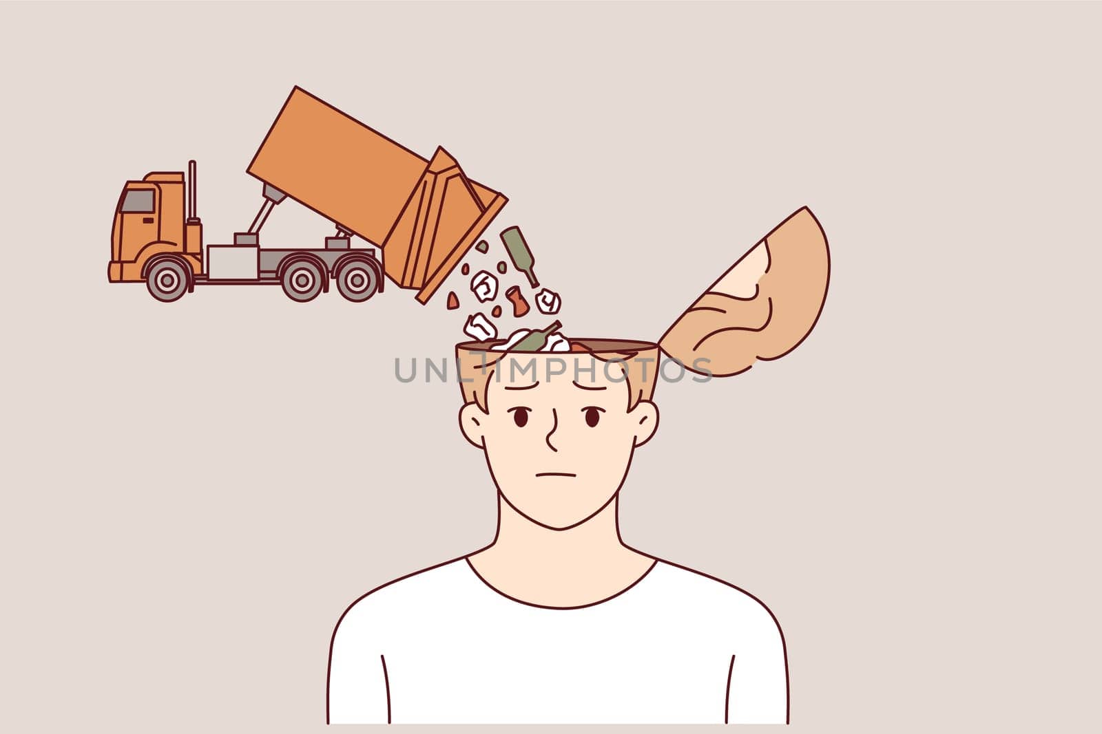 Men need information detox to clear garbage in heads poured out of truck symbolizing fake news