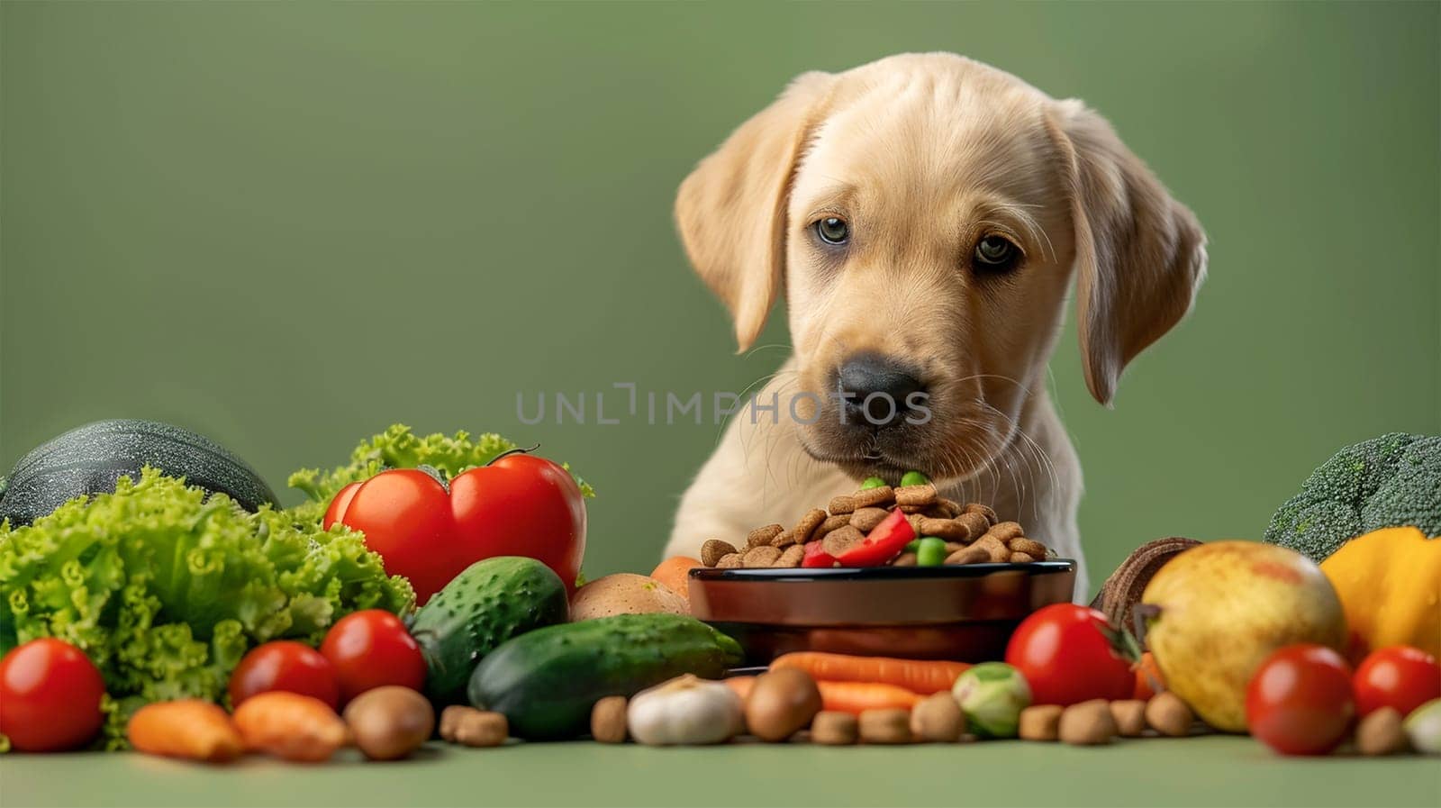 Puppy with dog food and vegetables on green background. Preparing natural natural, organic food for pets at home. Concept for dog food