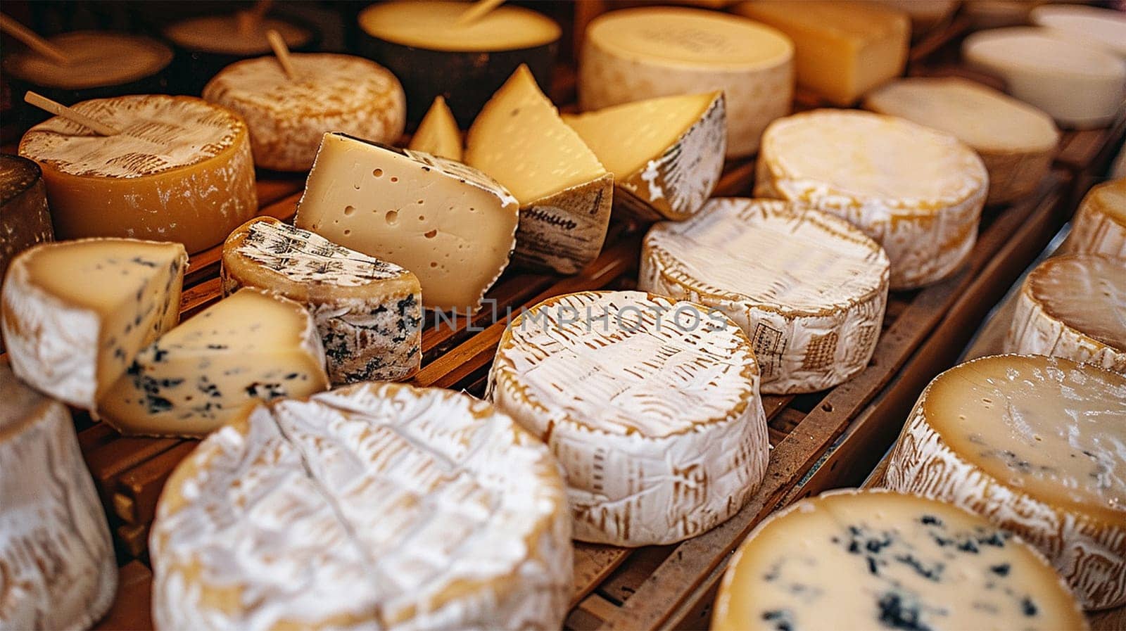 storage of cheese products. Various kind of cheese, traditional pieces of french and italy hand-made cheese on wooden table