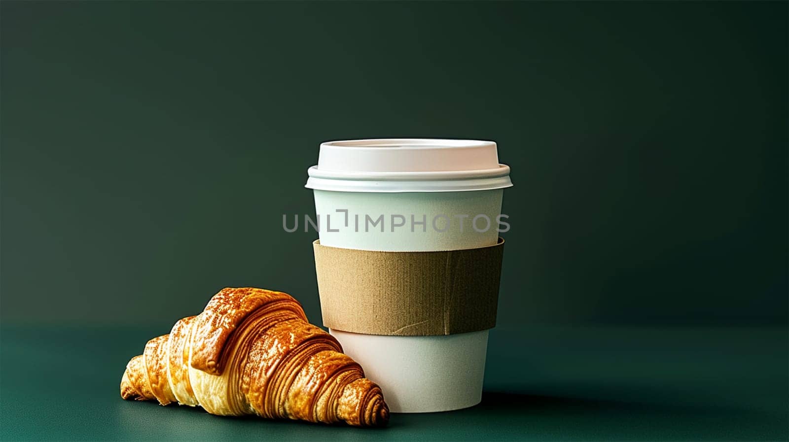Croissant with coffee to go in a paper cup, take away breakfast, Green background. Copy space Takeout food and drink