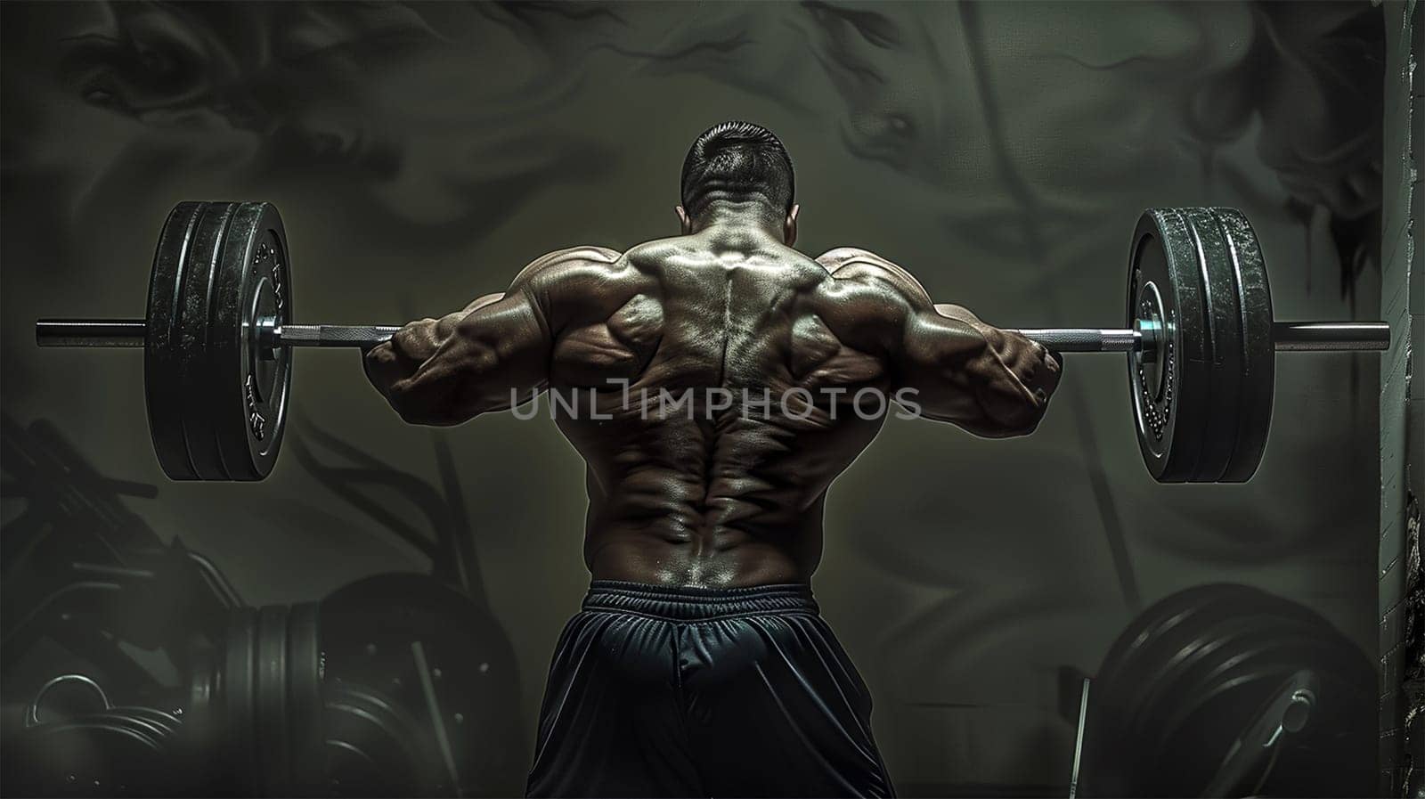 muscular man weight lifter. Muscular fitness man doing deadlift a barbell over his head in modern fitness center. Functional training. Snatch exercise. Athlete in the gym