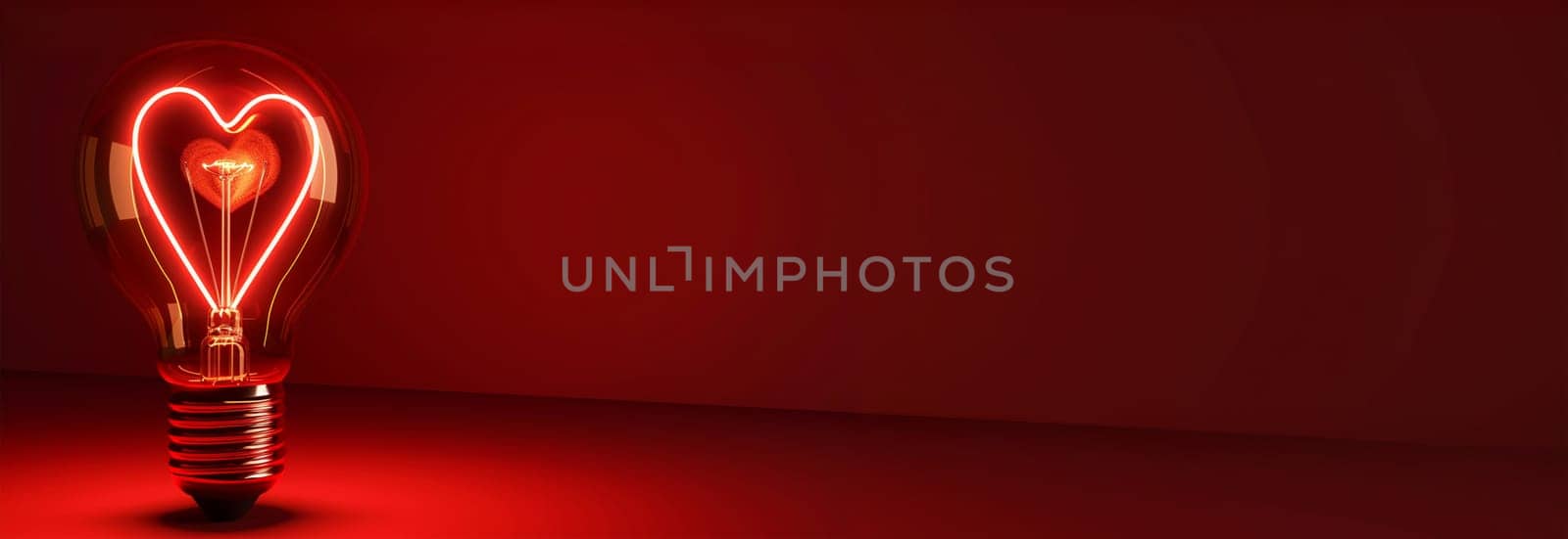 Lightbulb in shape of heart with red background. Romantic love design. Burning heart shape in the electric lamp. Copy space flickering and glowing