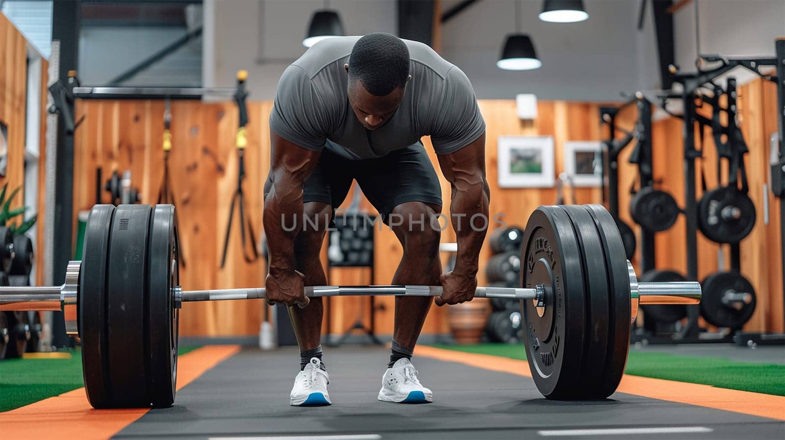 muscular man weight lifter. Muscular fitness man doing deadlift a barbell over his head in modern fitness center. Functional training. Snatch exercise. Athlete in the gym