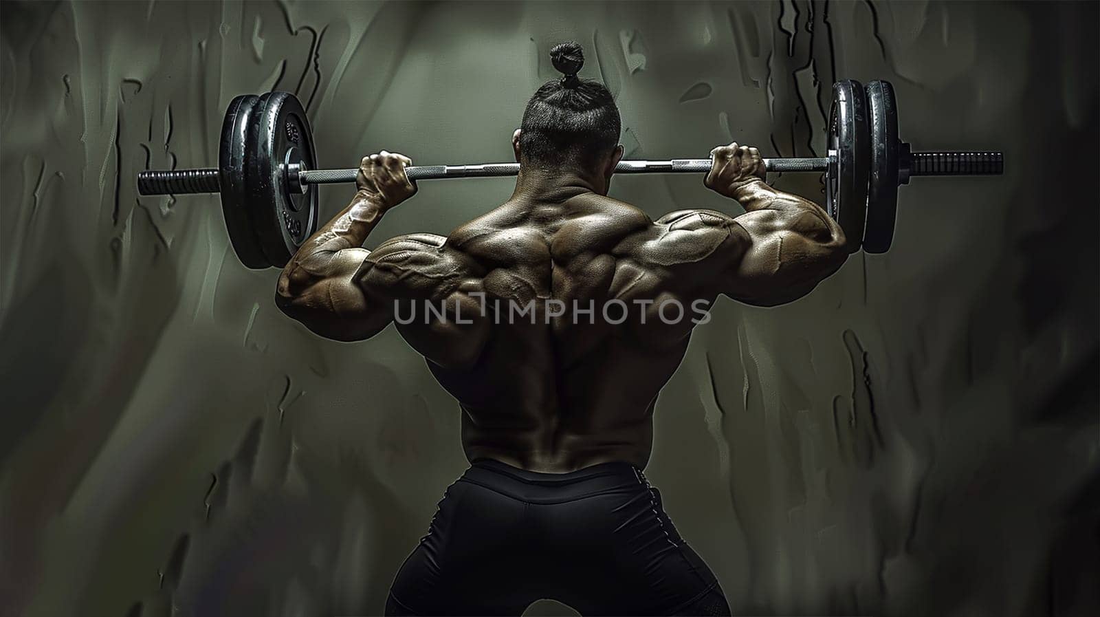 muscular man weight lifter. Muscular fitness man doing deadlift a barbell over his head in modern fitness center. Functional training. Snatch exercise. Athlete in the gym